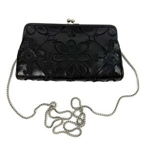 Brighton Valencia Crossbody Wallet Black Leather Embroidered Handbag